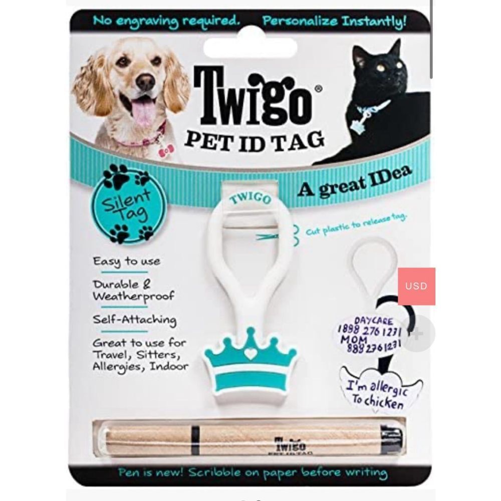 Twigo Pet ID Tag for Collar, One Size, White & Teal‎
